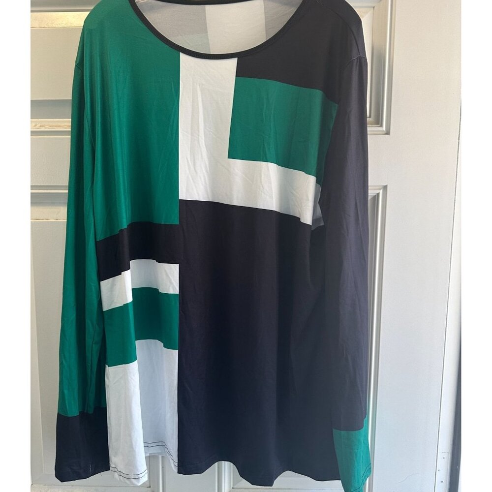 Color Block Long Sleeve Top Geometric Pattern  Fabric  Size 2XL